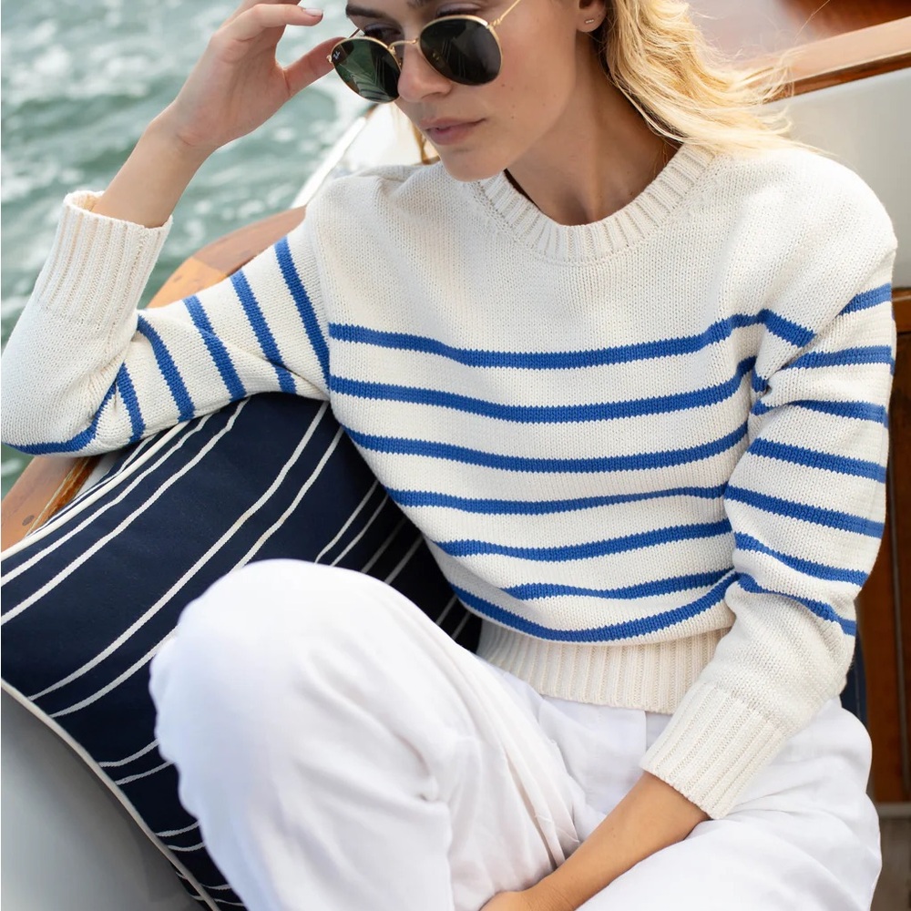 Classic White & Blue Stripe Crewneck Sweater